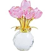 YINBEILIXU Crystal Rose Flower Figurine with Round Vase, Crystal Flowers, Glass Flowers with Stems, Exquisite Glass Rose for Home Decor, Handmade Crystal Figurine Ideal for Gifting (Pink)