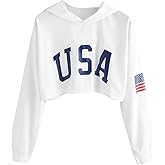 SweatyRocks Women's American Flag Long Sleeve Hoodies Letter Graphic Crop Top Hooded Sweatshirts