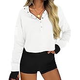Fisoew Womens Cropped Sweatshirts Casual Henley Neck Snap Button Long Sleeve Ribbed Loose Fit Fall Crop Tops