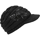 C-US Women Winter Warm Knit Hat Crochet Visor Brim Cap with Flower Accent