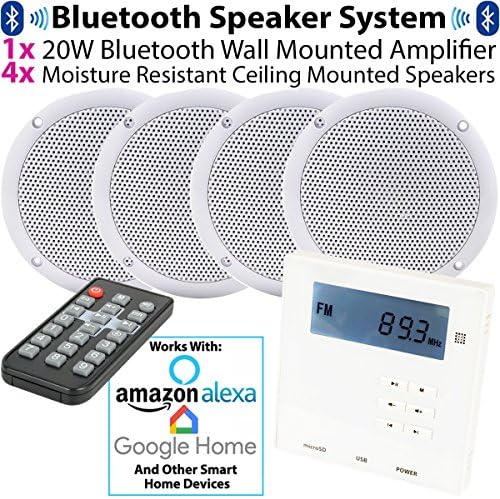 SMART HOME Wall Amp & 4x Ceiling Speaker Kit | 4x 80W Moisture Resistant Speakers & Mini Wall Mounted Bluetooth Amplifier | ECHO/ALEXA SPOTIFY | Wireless Home Kitchen Stereo Hi-Fi Music Audio System
