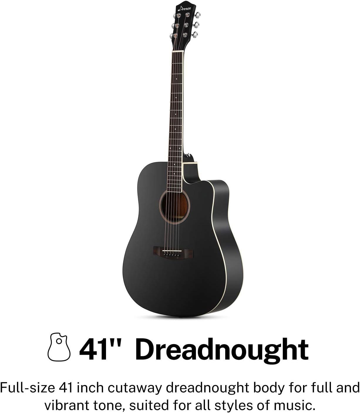 Donner Guitar Acoustic Full Size 4/4 Guitar Cutaway Beginner Adult Guitar 41 inch Kit with Gig Bag Tuner Strap Strings Capo Picks(Black) - Image 3