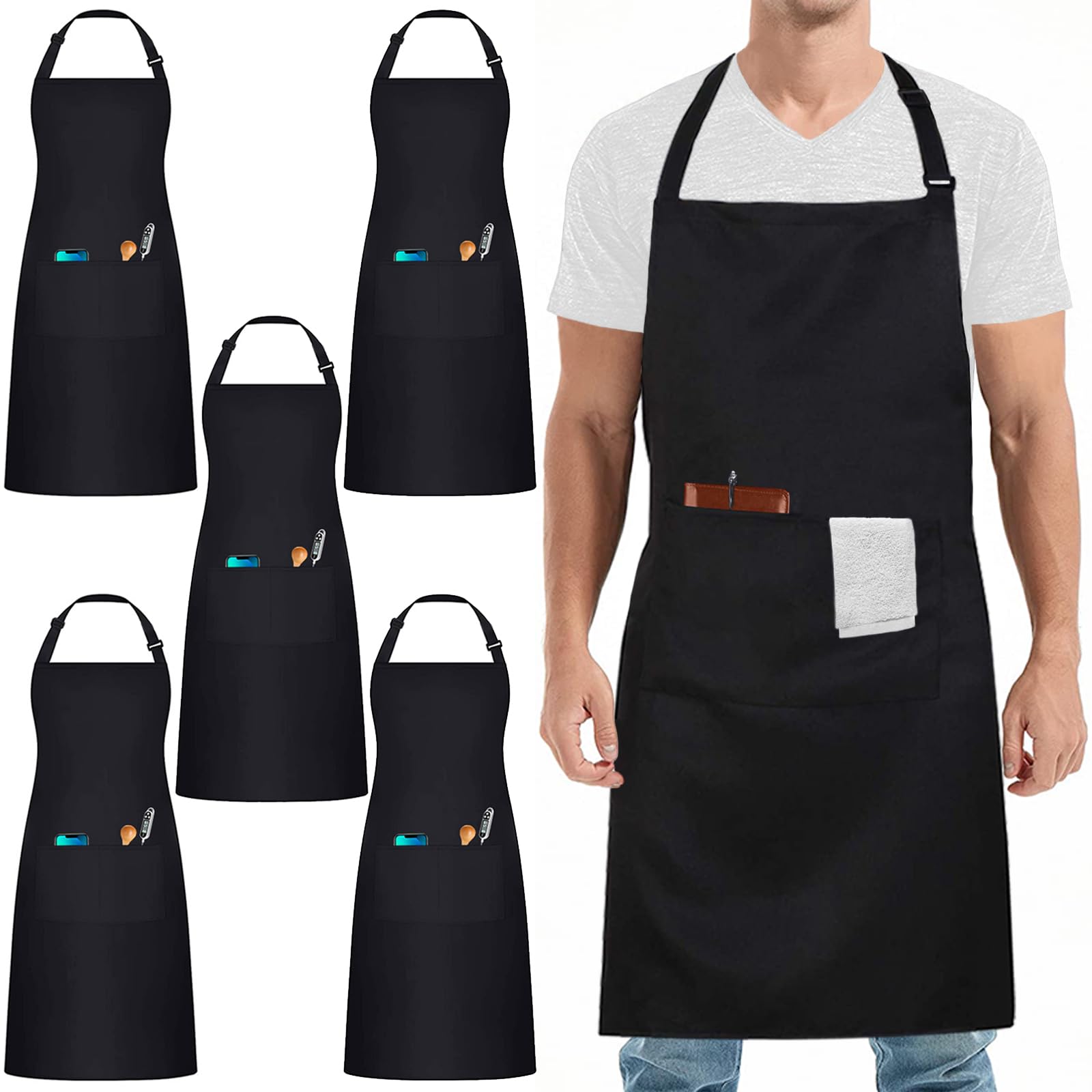 umboom 5 Pack Black Chef Apron for Women Men, Professional Work Apron for School, Catering, Kitchen, Restaurant, Bistro, Bar, Café, Garden, Salon (Adjustable, 3 Pockets)