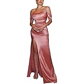 CurvySweet Women's Formal Off The Shoulder Evening Gown Built-in Bra High Slit Ruched Satin Wedding Guest Cocktail Maxi Dress