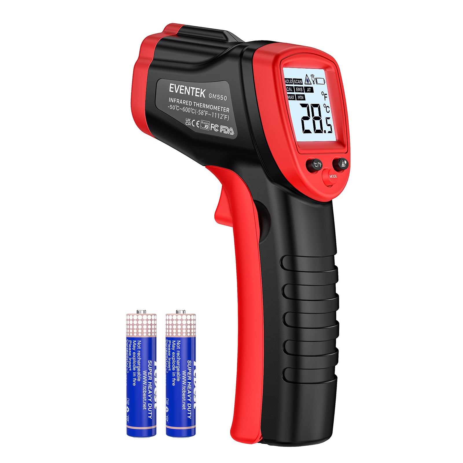 Eventek Infrared Thermometer Gun -50°C to 600°C, Digital Laser Temperature Gun with 0.1-1 Adjustable Emissivity, Professional Non-Contact Pyrometer for Pizza Oven, Kitchen Cooking, BBQ, HVAC & Engine