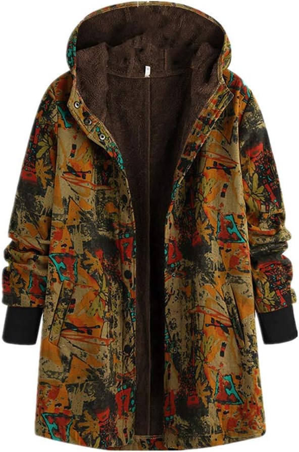 Womens Coat Parka Jacket Plus Size Hooded Boho Ethnic Graffiti Flannel Furry Lining Button Ladies Outerwear