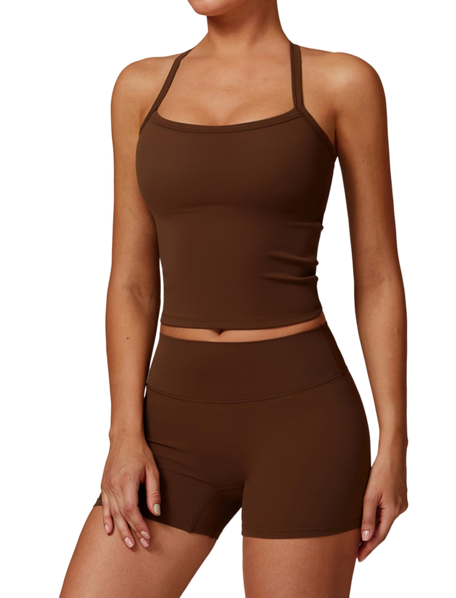 Photo 1 of ***MISSING BOTTOMS*** QBGJTD Two Piece Workout Sets For Women Straps Cross Back Tank Top Matching High Waist Booty Lifting Biker Shorts 2 Piece Gym Yoga Active Wear Outfits Womens Athletic Work Out Clothes Brown M