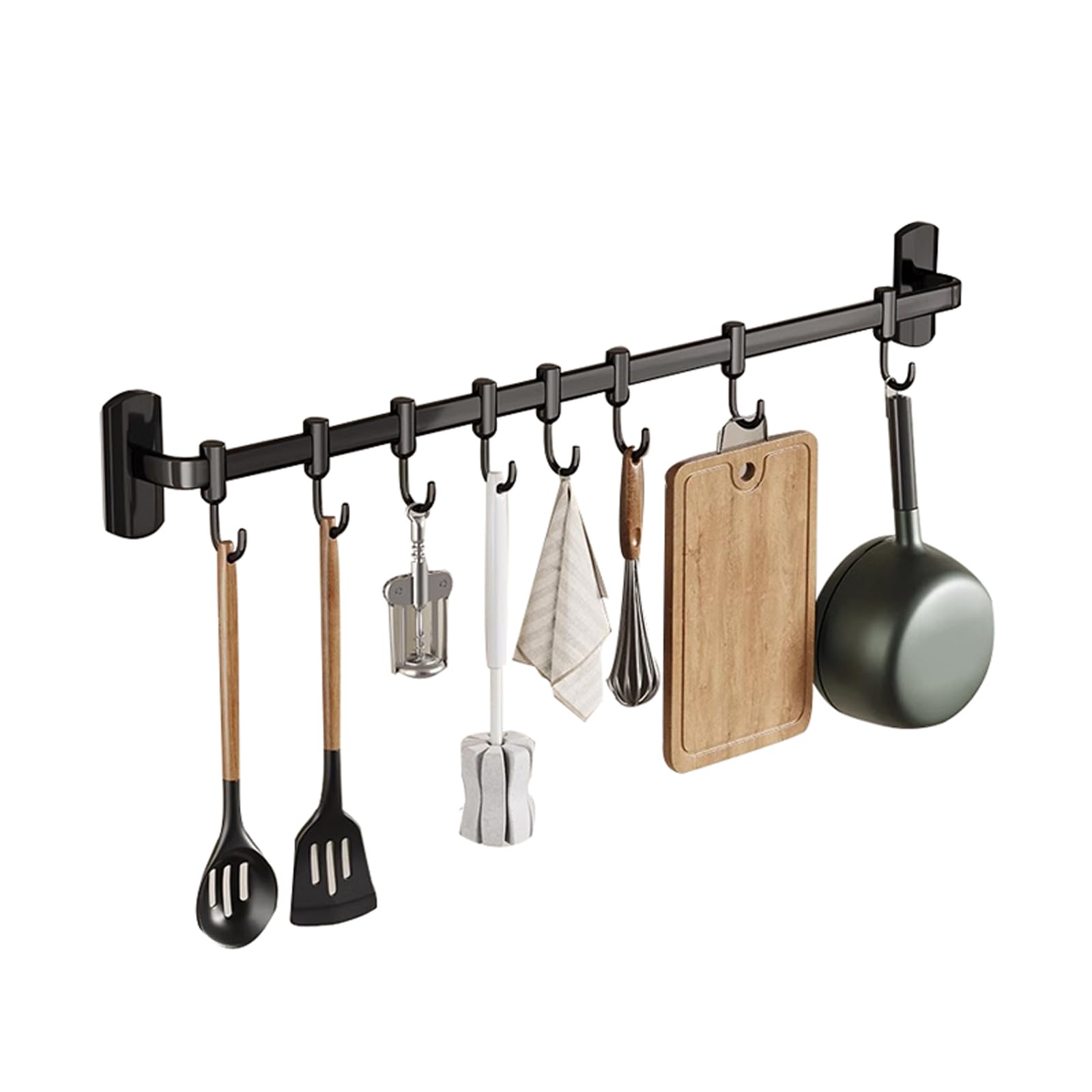 HYPIQQ Kitchen Utensil Rail with Hooks, Wall Utensil Rack, Clothes Hooks for Walls, Black, 45cm