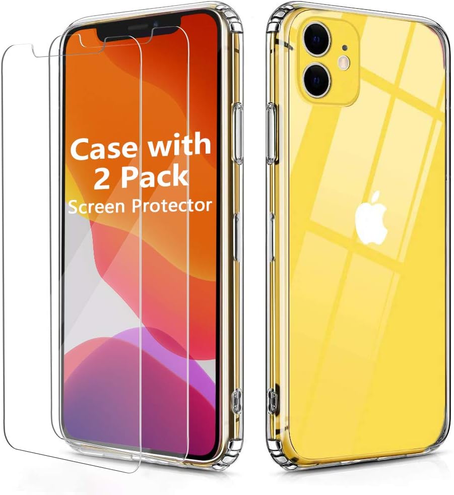 OULUOQI Compatible with iPhone 11 Case, Tempered Glass Screen Protector [2Pack] with Shockproof Clear Case for iPhone 11 6.1 inch