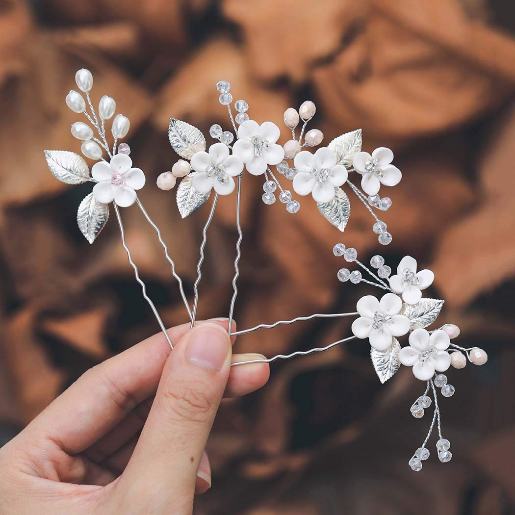 Photo 1 of Casdre Flower Bridal Hair Pins Pearl Bride Wedding Hair Accessories Rhinestone Hair Piece for Women and Girls(Pack of 3) (A Silver)
