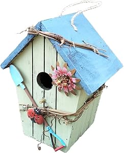 Wooden Birdhouse for Outdoor Hanging Bird House Garden Decoration 7.8 inch for Greet Spring Butterfly and Flowers Welcome Decorative Hand-Painted Bird House for Outside