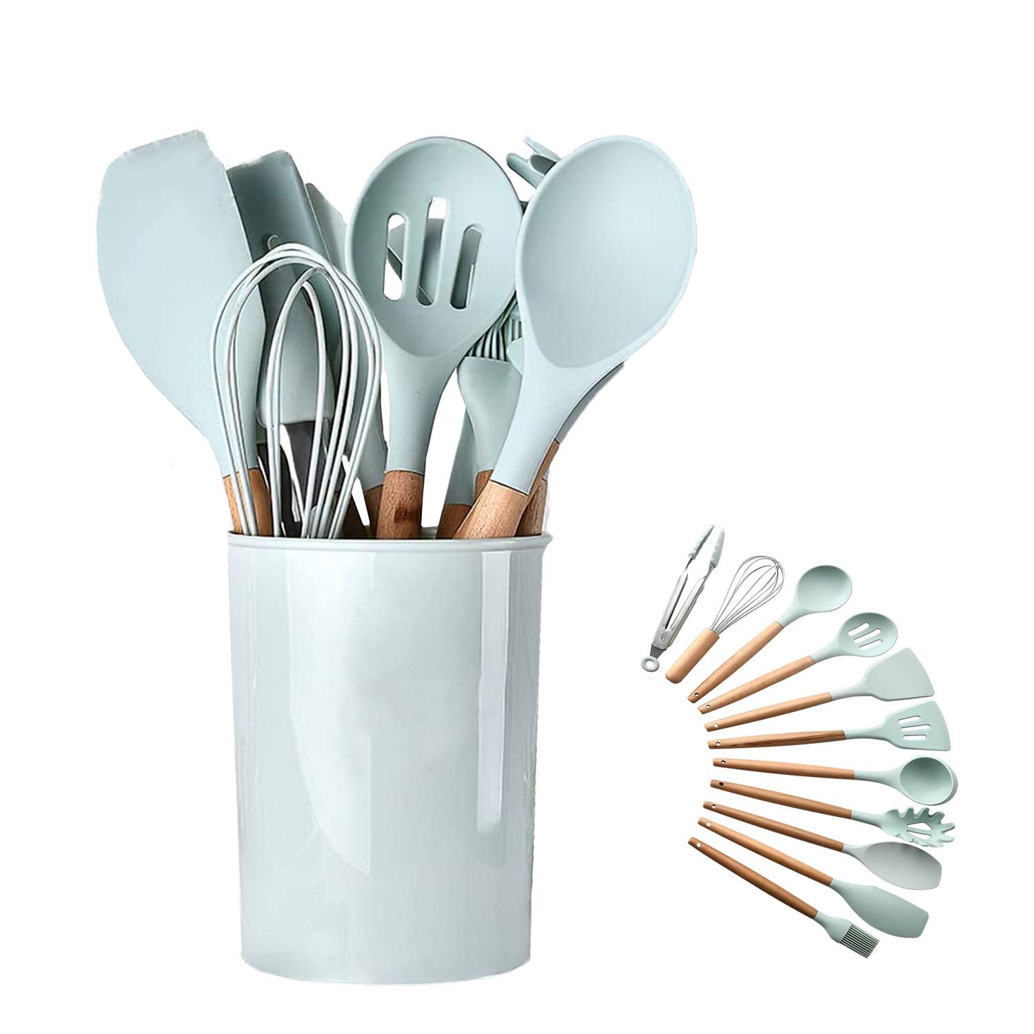 Silicone Cooking Utensils Kitchen Utensil Set - 446°F Heat Resistant,Turner Tongs,Spatula,Spoon,Brush,Whisk. Wooden Handles Gray Kitchen Gadgets Tools Set for Nonstick Cookware(Mint Green-12pcs)