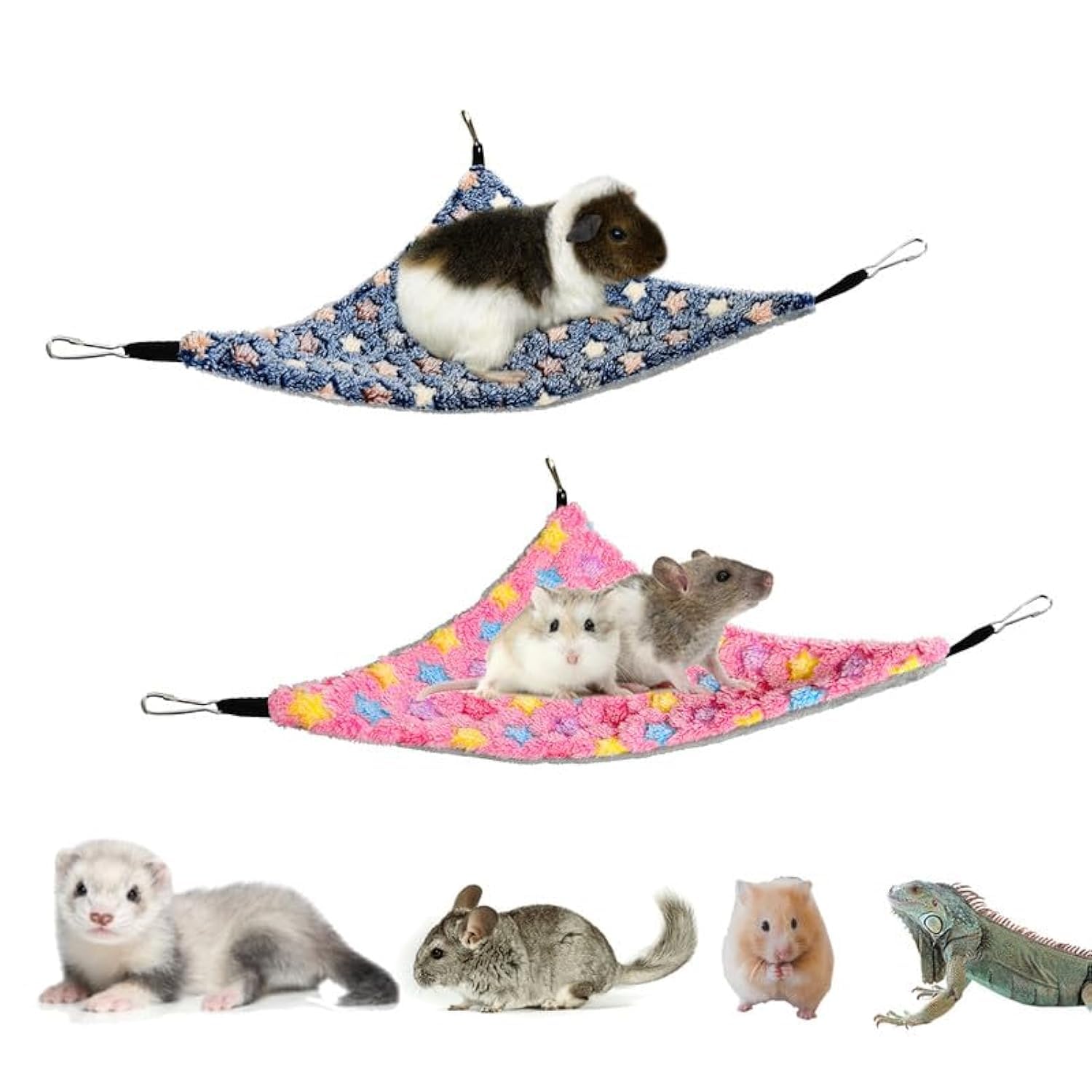 Photo 1 of GOMICRAFT Pack of 2 Hanging Corner Hammock with Hooks for Ferrets, Rats, Guinea Pigs, Chinchillas, Hamsters, Hedgehogs, and Other Small Animals. Pinkstars+Bluestars