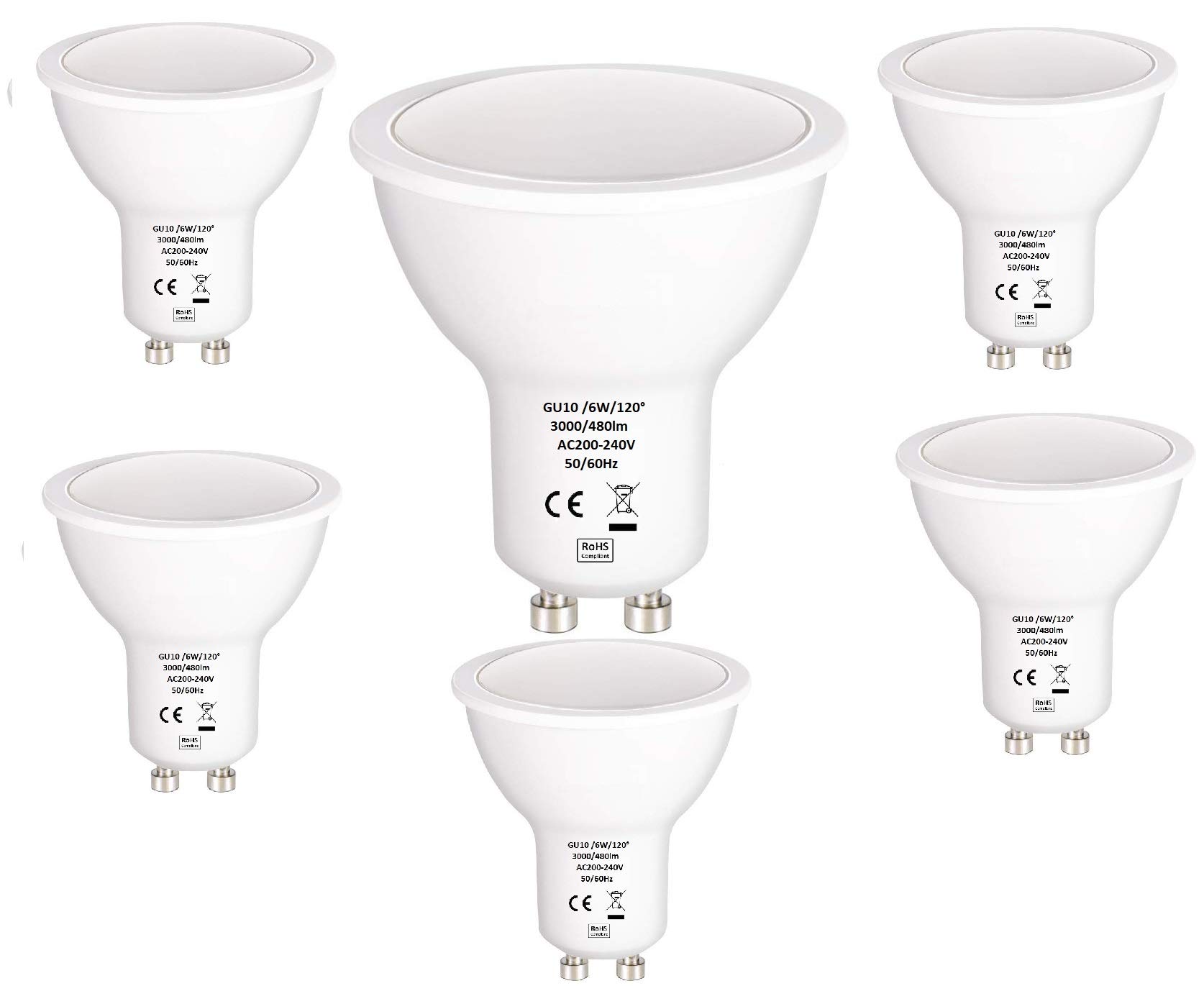 Tech Traders GU10 6W LED Bulb, 3000K Warm White, 60W Halogen Equivalent, 480LM, LED Spot Bulb, 120 Degree Beam Angle, Non Dimmable, Perfect for Indoor Use, 6 Pack