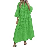 CHARTOU Women Cotton Eyelet Maxi Dress Embroidered Flowy Dress Boho Lace Shirt Dress Summer Tiered Swing A Line Dress