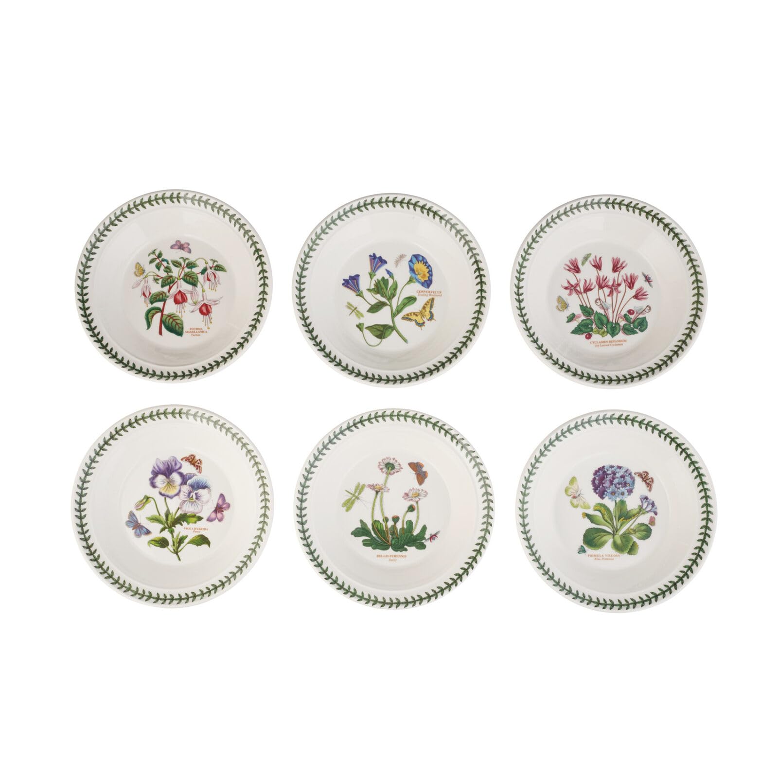 Portmeirion x Botanic Garden Set of 6 Soup Plates - White Floral Design Motif with Green Leaf Edging, Earthenware, Made in England, Stylish, Durable, Safe for Microwave & Dishwasher, 22cm