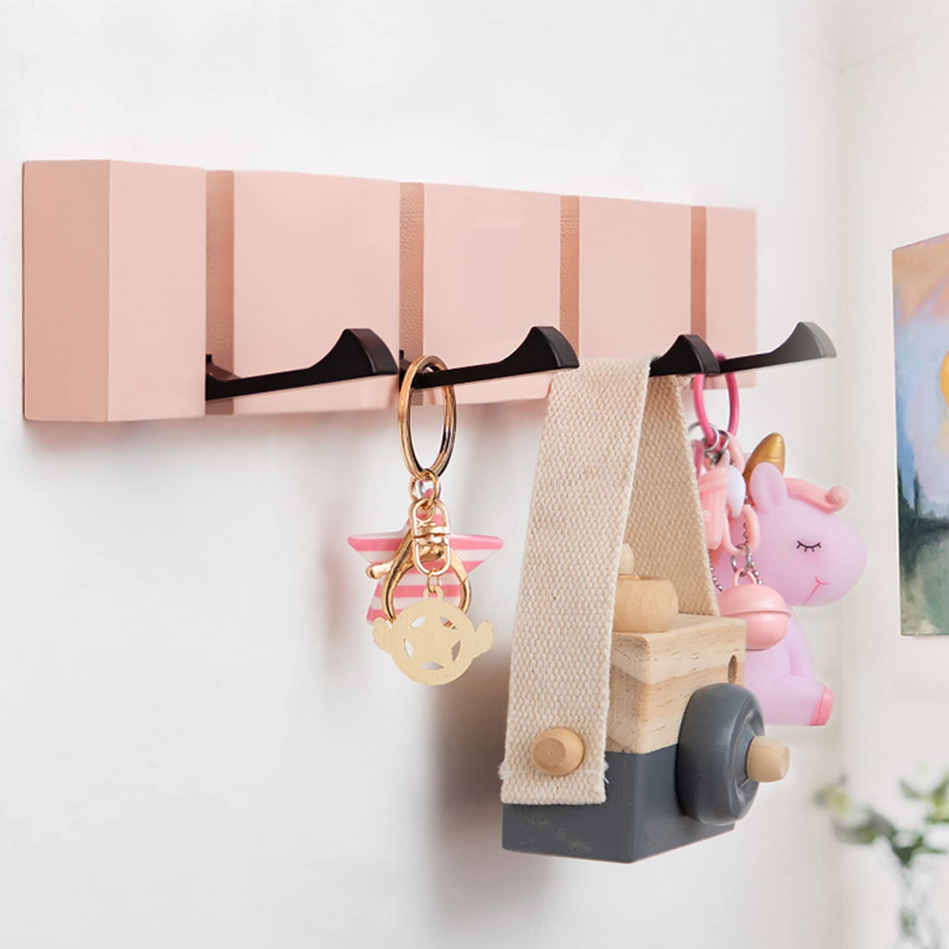 Pink Coat Hooks Wall-Mounted Rack with Folding Hooks for Girl's - Main Image