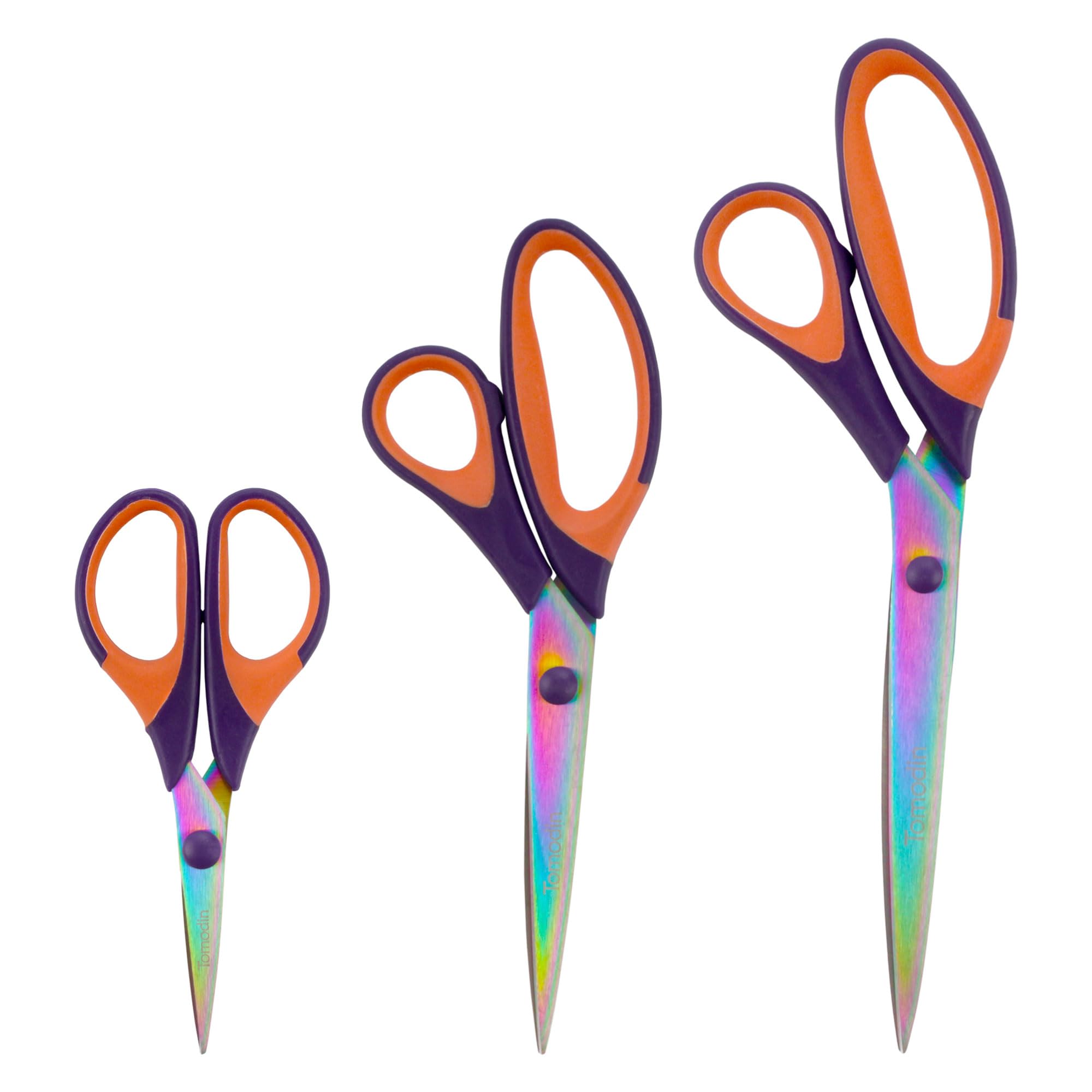 BambooMN Titanium Softgrip Scissors Set for Sewing, Arts, Crafts, Office - Purple w/Orange - 1 Set of 3