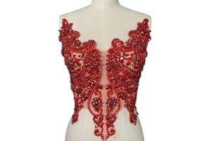 SUCCI SHAN Handmade Rhinestones Lace Appliques Sew on Glass Beads Bodice Trim Patches Accessory for Dress Clothes (Red)