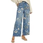Women's High Waist Wide Leg Floral Printed Jeans Vintage Barrel Denim Pants Y2K Casual Patchwork Cute Jeans for Women