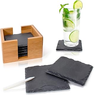 Amazy Schiefer Untersetzer Set (8 Stück) inkl. Kreidestift – Dekorative Glasuntersetzer aus 100% Natur Schieferplatten mit praktischem Halter aus edlem Bambus – Tolle Geschenkidee (eckig | 10x10 cm)