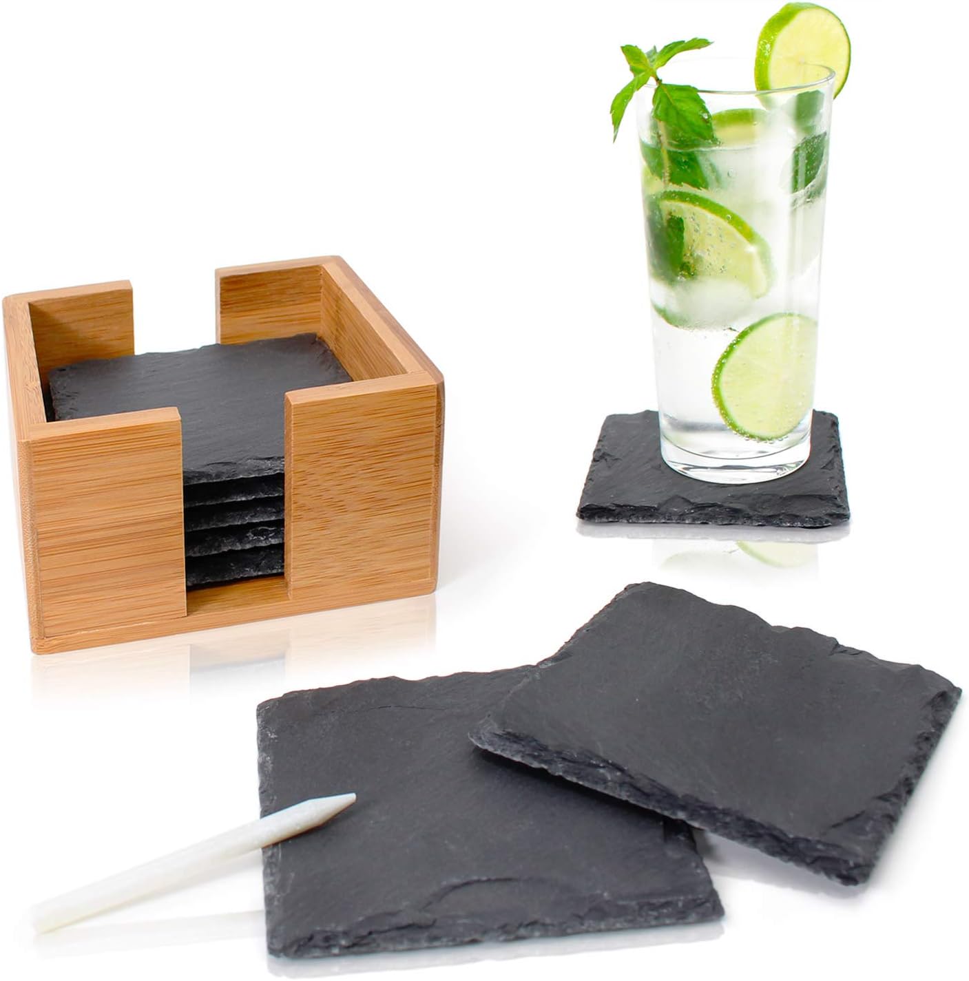 Amazy Schiefer Untersetzer Set (8 Stück) inkl. Kreidestift – Dekorative Glasuntersetzer aus 100% Natur Schieferplatten mit praktischem Halter aus edlem Bambus – Tolle Geschenkidee (eckig | 10x10 cm)