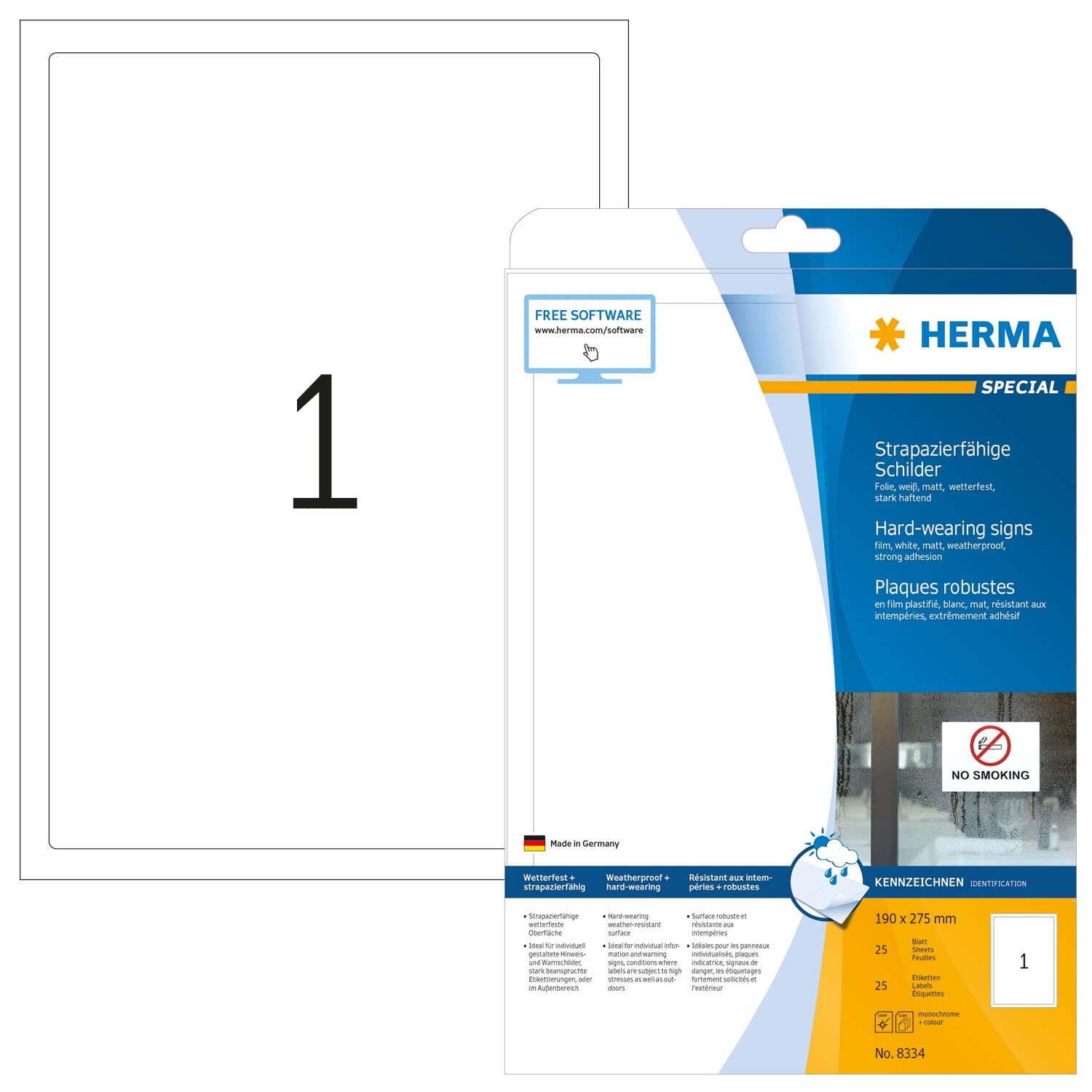 HERMA Self Adhesive Film Labels, 1 Label per A4 Sheet, 25 Sheets, 190 x 275 mm, 25 Labels, Blank Weatherproof Labels Stickers, Sticky Labels for Laser & Inkjet Printer, White