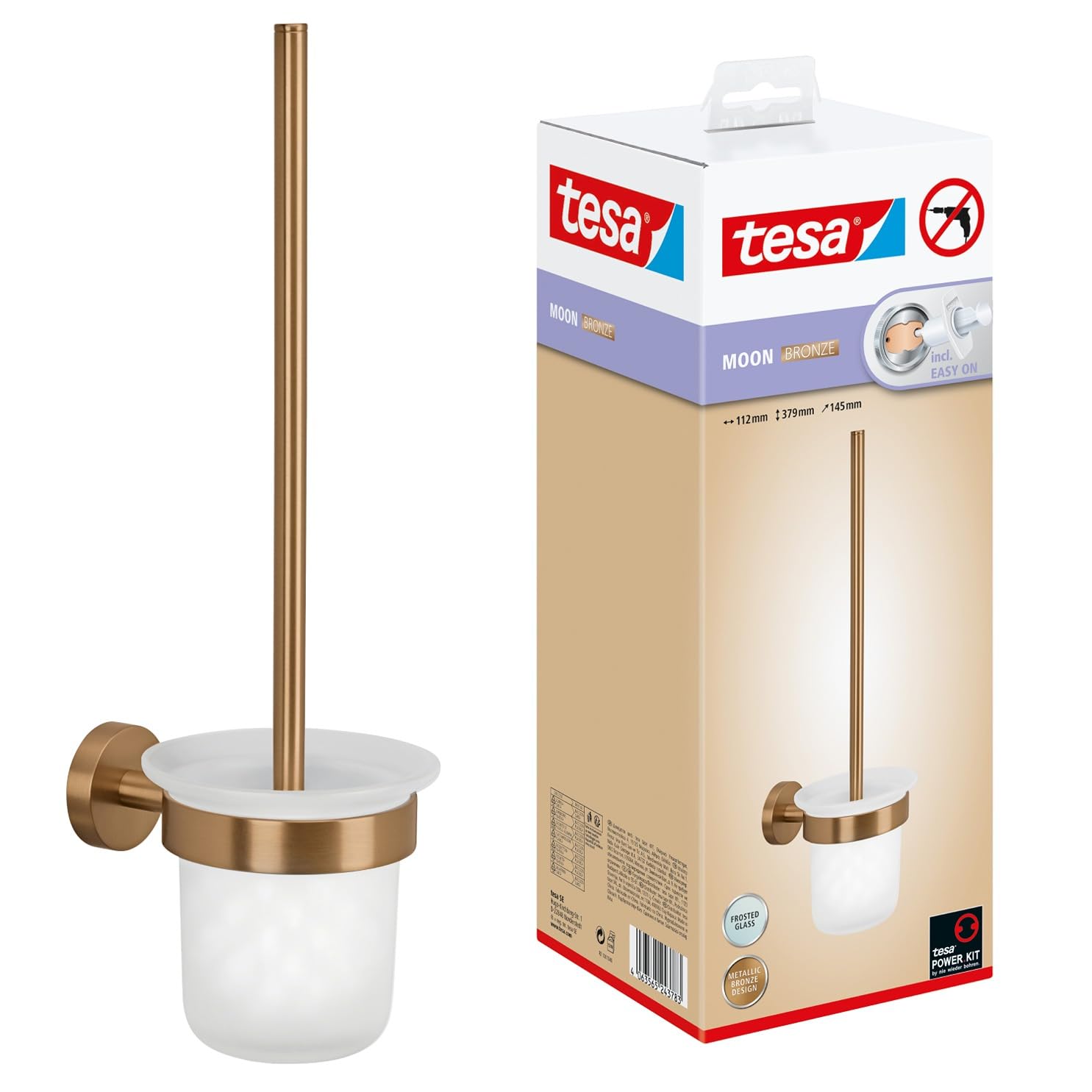tesa Moon Set de Baño - Escobilla y Soporte Autoadhesivo de Metal Revestido de PVD, Cepillados en Bronce - Base en Vidrio Satinado - sin Taladrar, Incl. Solución Adhesiva - 379 mm x 112 mm x 145 mm