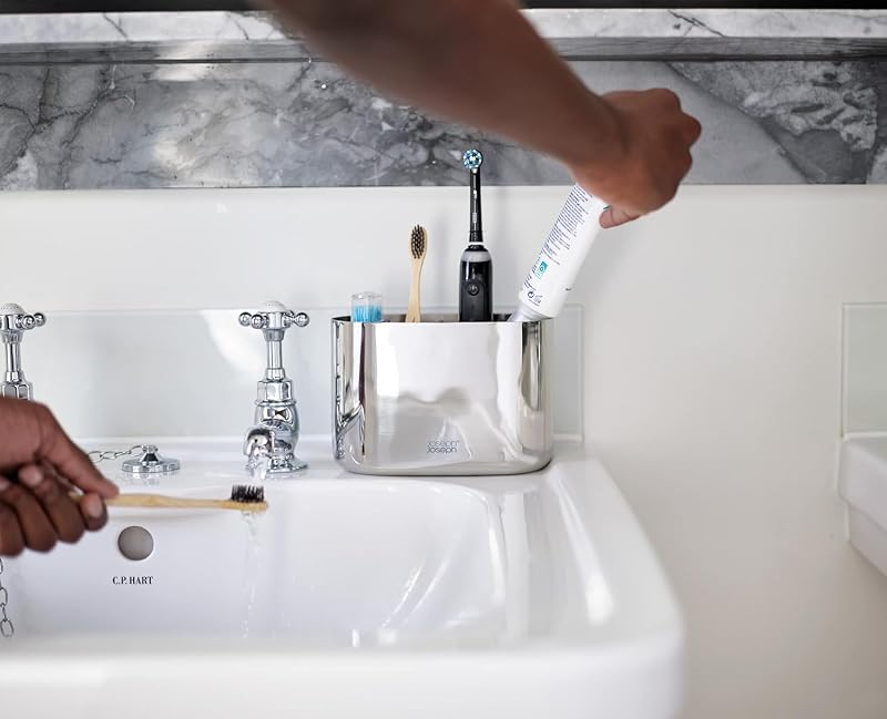 EasyStore, elegante escova de dentes e suporte para pasta de dentes, arrumação para casa de banho, grande em aço inoxidável
