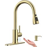 APPASO Touchless Kitchen Faucet Gold, Touchless Kitchen Faucet with Soap Dispenser, Pull-Down Sprayer, Single Handle Stainless Steel, Hands Free for 1-4 Hole Sink, Brushed Gold, Easy Installation
