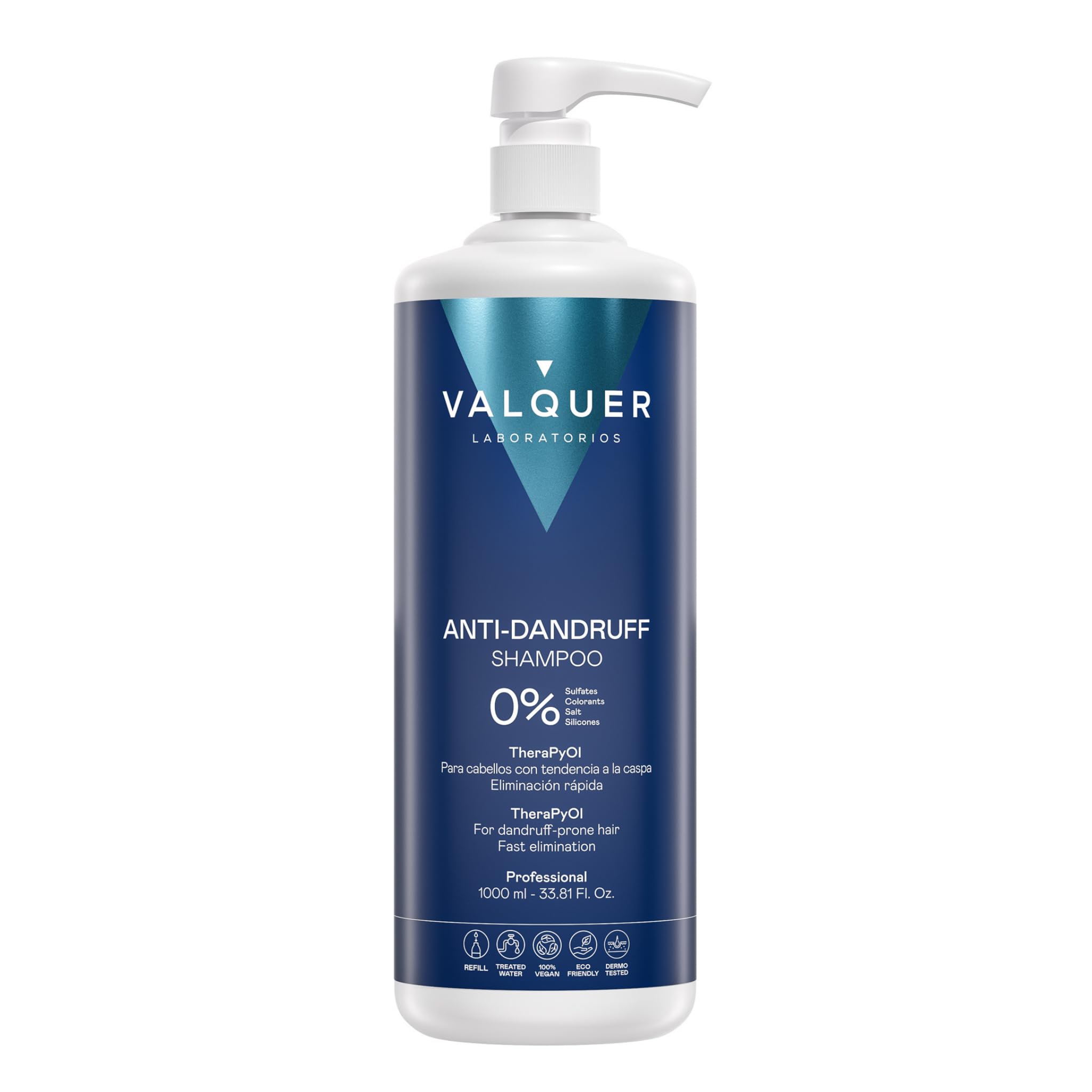 Valquer Zero% Formula Anti-Dandruff Shampoo with Immediate Action. Reduces itching and irritation and balances the scalp. With TheraPyOl, Piroctone Olamine, Panthenol, and Vitamin E. Vegan. 1 L.