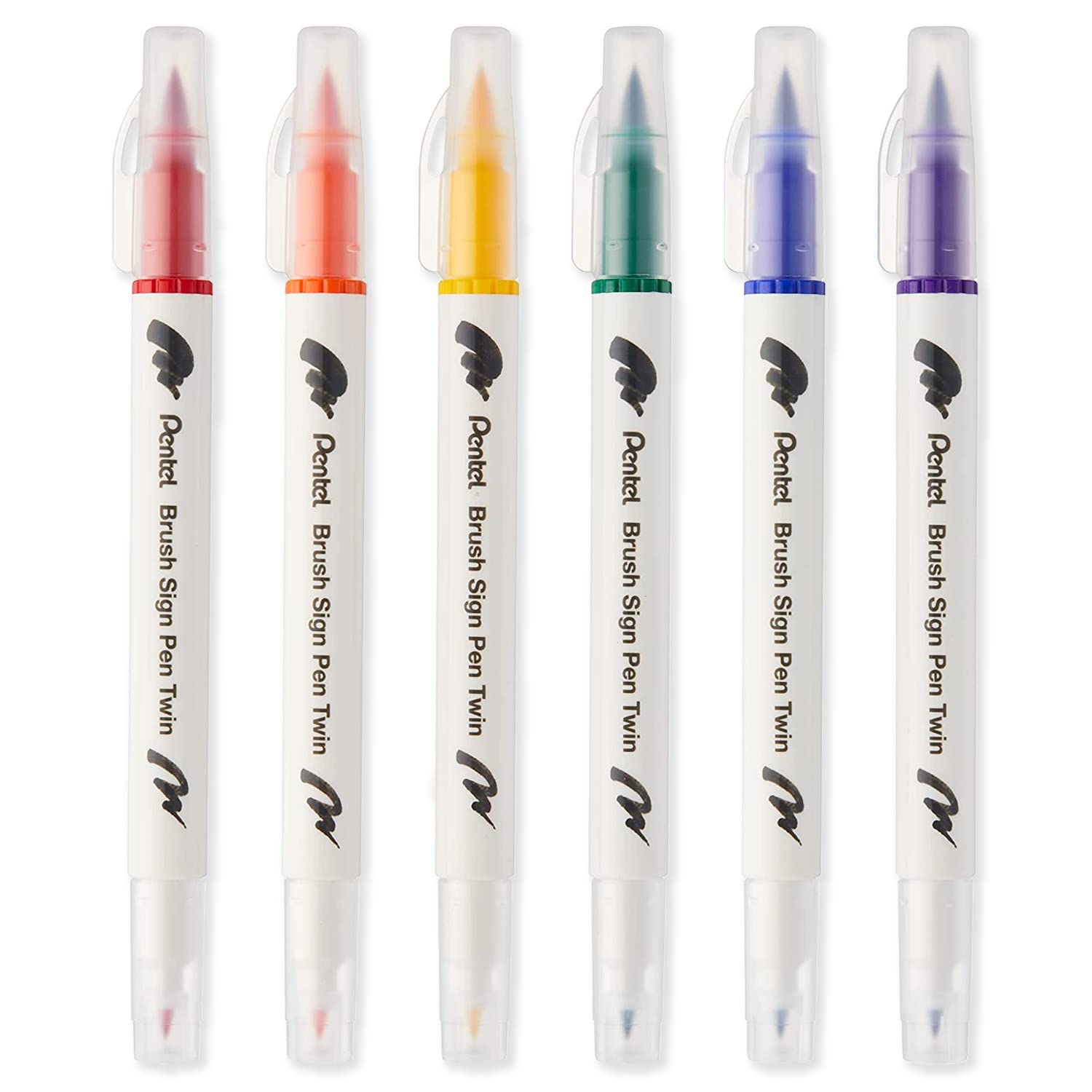 Pentel SESW30C Brush Sign Pen Twin Fibre Tip Pen - Double Ended - Water-based Ink - Essential Pack of 6 - Red, Orange, Yellow, Green, Blue & Violet Ink