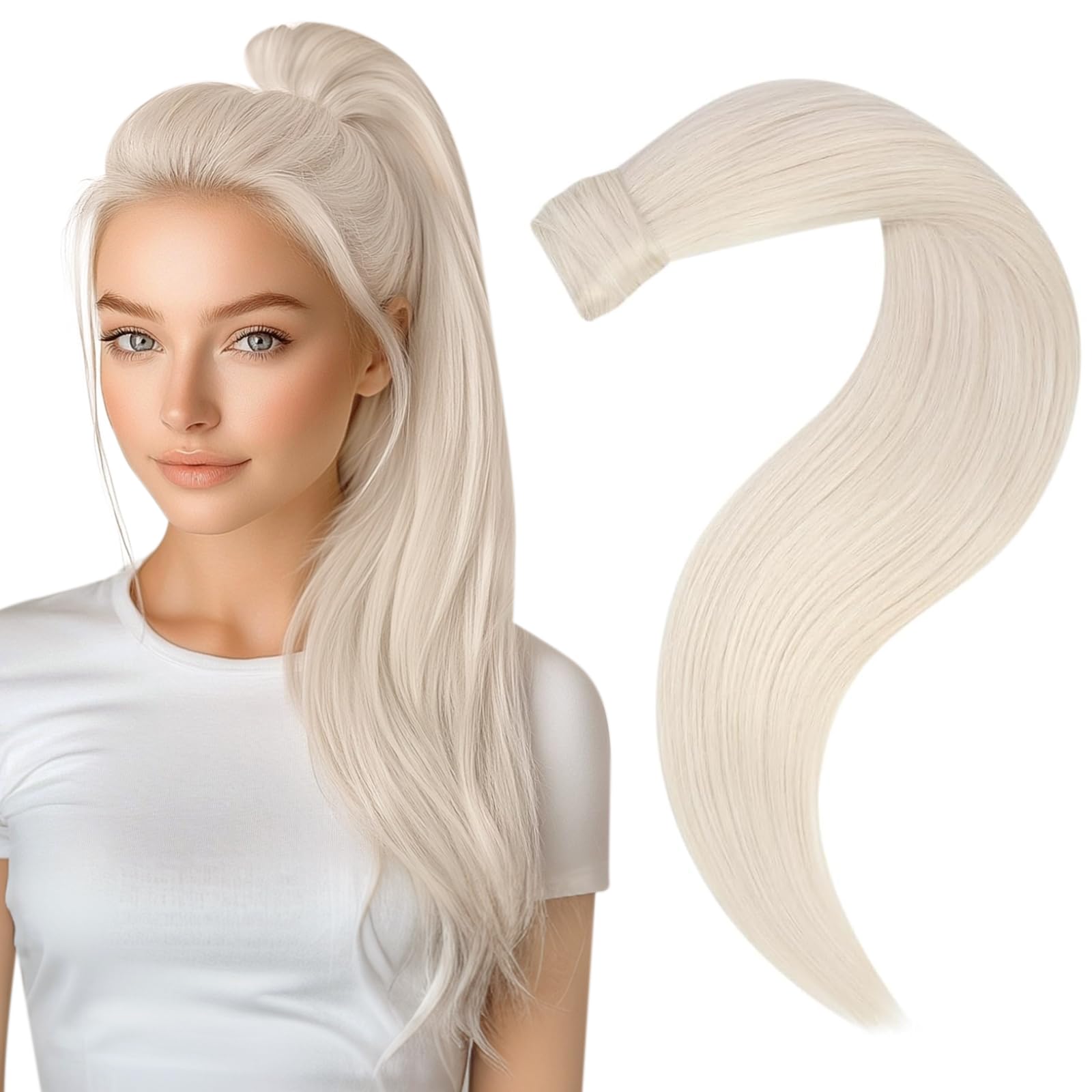Easyouth Ponytail Hair Extensions Blonde Pony Tails Hair Extensions Human Hair Platinum White Blonde Wrap Around Ponytail Human Hair Straight Easy to Wear #1000 16Inch 80g — image 1