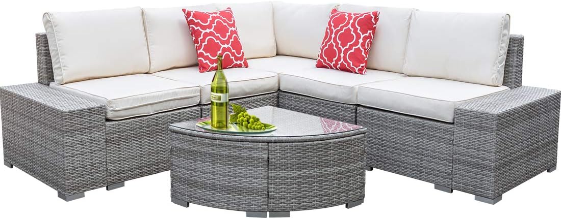 Amazon Com Cou Outdoor Wicker Patio Furniture Sofa Set 6pcs All Weather Pe Rattan Porch Sectional Sofa Furniture Set With Glass Table Cushions 2 Pillows Striped Grey Garden Outdoor