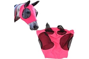 Horse Mesh Fly Mask Breathable Elastic Horse Face Mask with Ears Riding Equestrian Equipment (Rose Red)