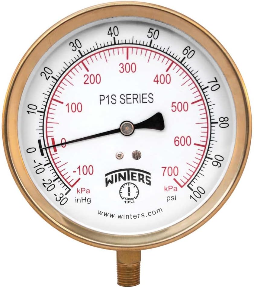 Winters P1S 100 Series Aluminum Dual Scale Pressure Gauge, 30" Hg Vacuum-0-100 psi/kpa, 4-1/2" Dial Display, +/-1% Accuracy, 1/4" NPT Bottom Mount