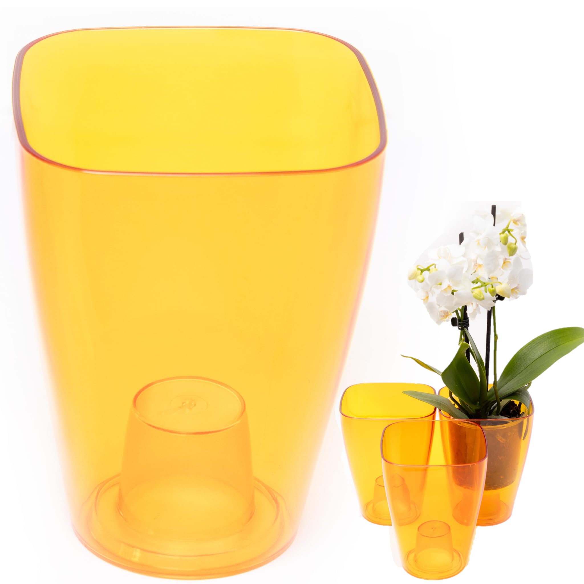 Home Garden Ornaments small orchid pots 9.5cm / 3.7 inch – Set of 3 Decorative Plastic Plant Pots Indoor, Clear Flower Pots with Inner Cone (Orange)