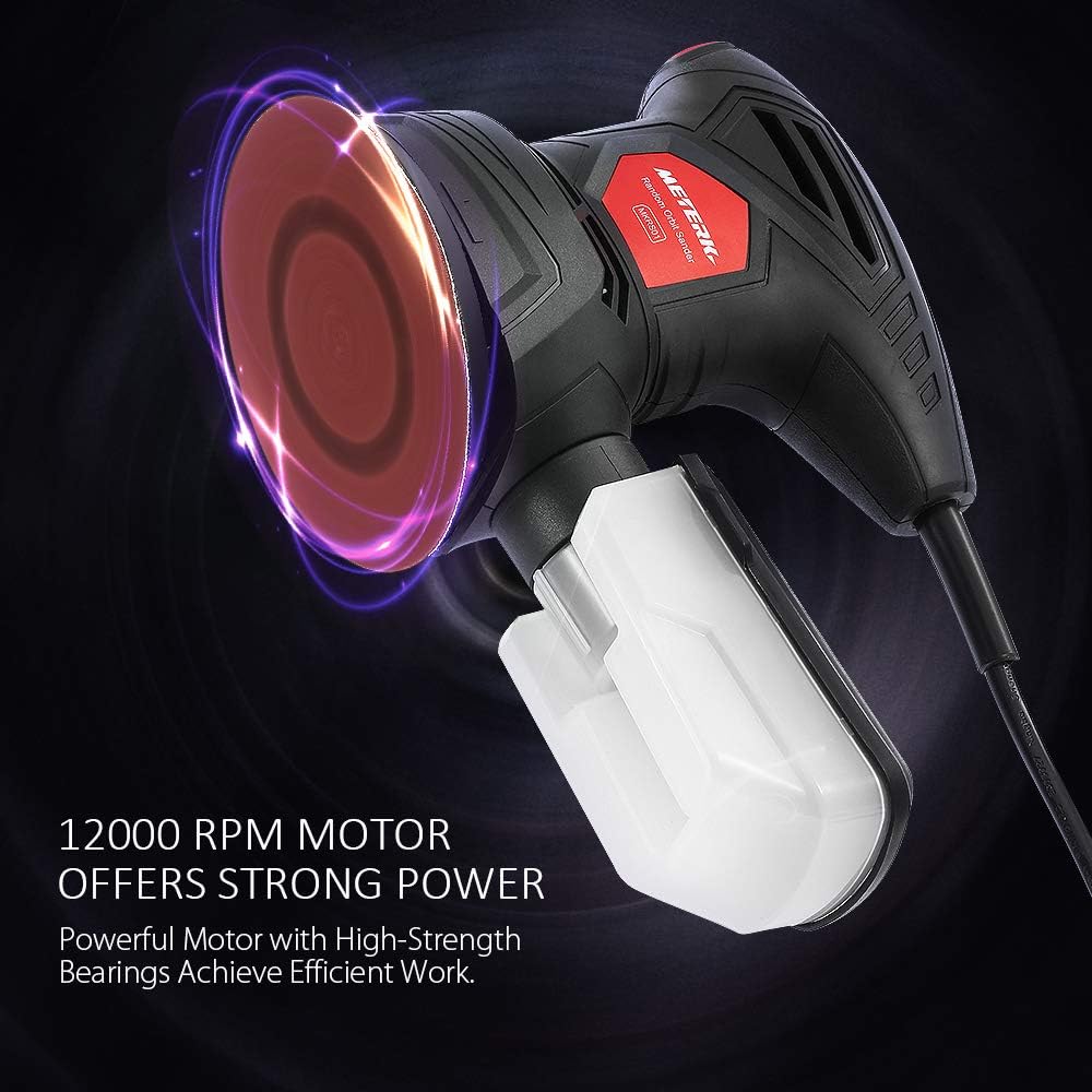 Meterk 5 Inch Random Orbit Sander 2.5A Orbital Sander with 12Pcs Sandpapers, 12000RPM, 6 Variable Speed, Efficient Dust Collector, Ideal for Finishing, Sanding, Polishing Wood - - 