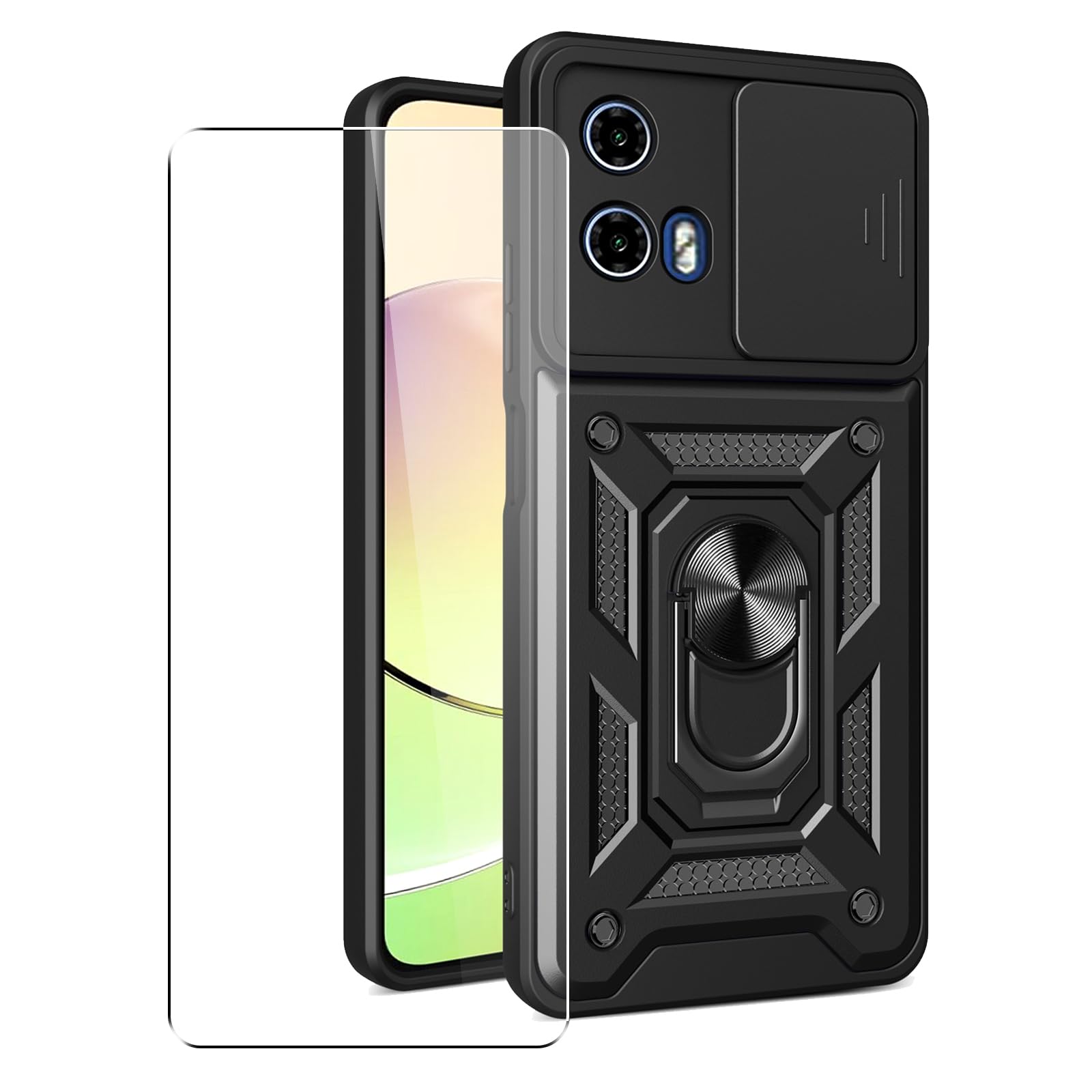 SDTEK Case for Motorola Moto E14 Phone Cover with Camera Lens Protection, Stand, Magnetic Ring Holder and Glass Screen Protector (Black)