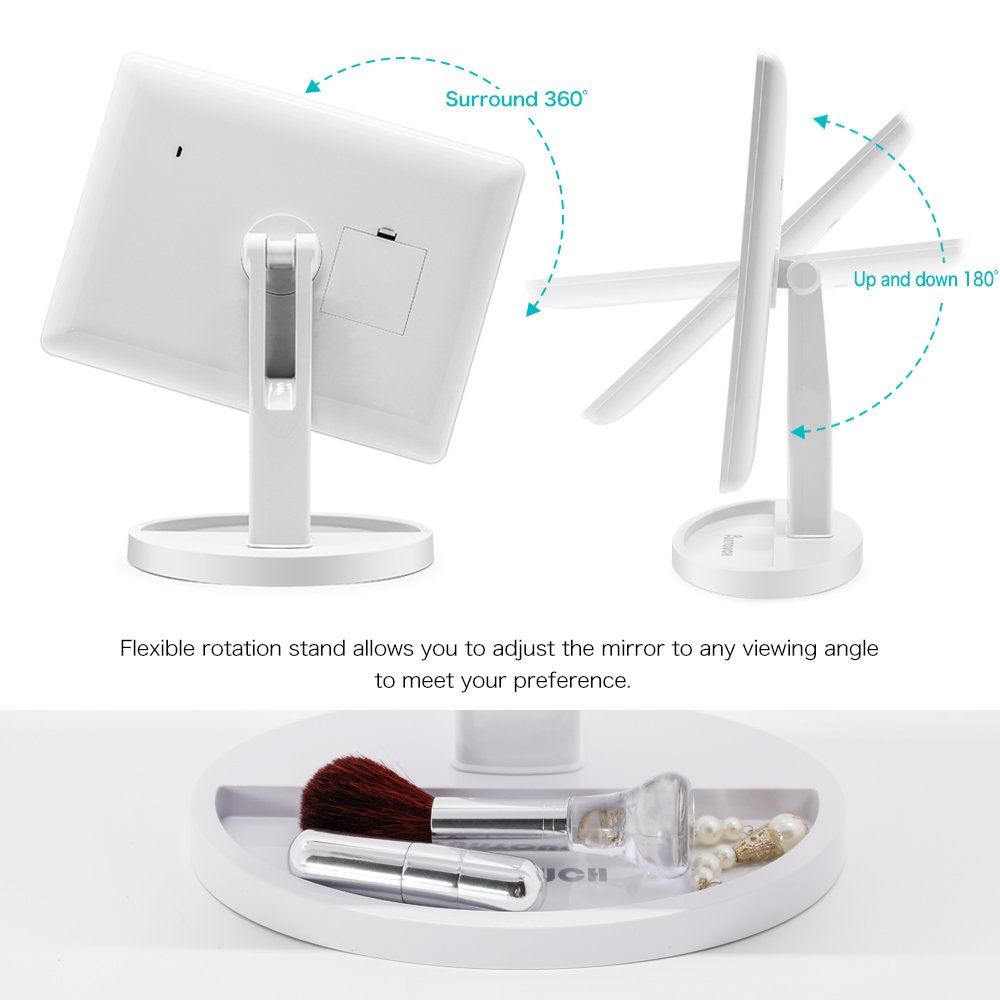 Large Lighted Vanity Makeup Mirror (X-Large Model), Funtouch Light Up Mirror with 35 LED Lights, Touch Screen and 10X Magnification Mirror, 360° Rotation Tabletop Cosmetic Mirror (White) : Beauty