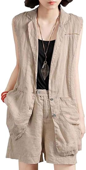 Amazon Mlboss レディース ベスト リネン ゆったり ジレ 無地 カジュアル アウター リネンベスト 春夏 サマーアウター 大きいサイズ Freeカーキ ベスト 通販