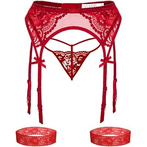 3 Pcs Lace Garter Belt for Women, Sexy Mesh Suspender with Thong & Leg Ring, for Thigh High Stockings (No Sock)