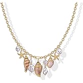 PAVOI 14K Gold Plated Coastal Chunky Charm Necklace for Women - Waterproof Stainless Steel Beach Multi Charm Necklace - Gold Statement Beachy Summer Jewelry with Sea Shell, Starfish, Pearl
