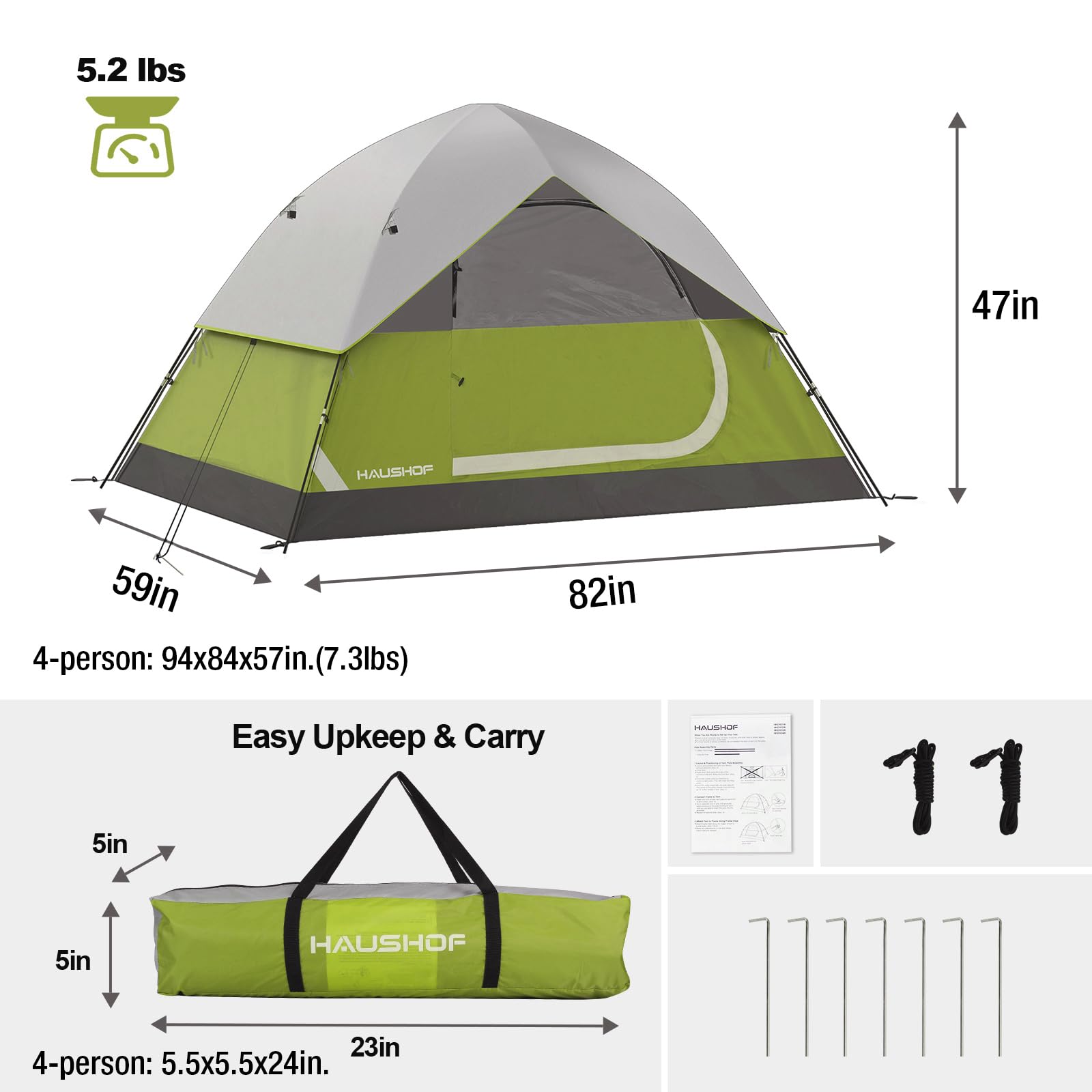 HAUSHOF 2/4-Person Family Dome Tent with Removable Rain-Fly, Easy Set Up Portable Camping Tent for Backpacking Hiking Backyard Outdoor, Green/Blue/2-person/4-person