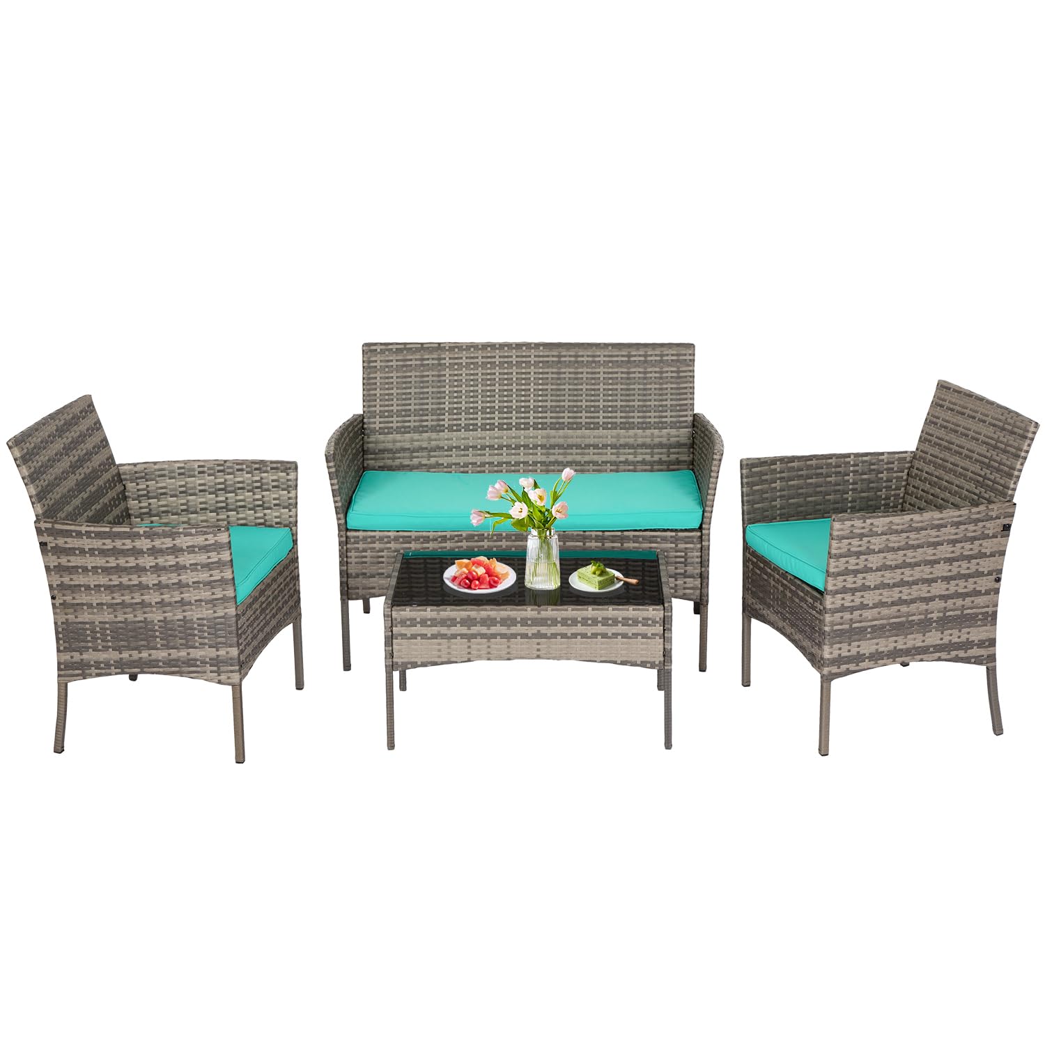 Photo 1 of ***MISSING HARDWARE*** FDW | 4-Piece Patio Furniture Set | Gray & Blue | Outdoor Wicker Furniture with Coffee Table | Modern Rattan Chairs Conversation Set | Outdoor Seating | Weather-Resistant | for Porch, Garden, Lawn