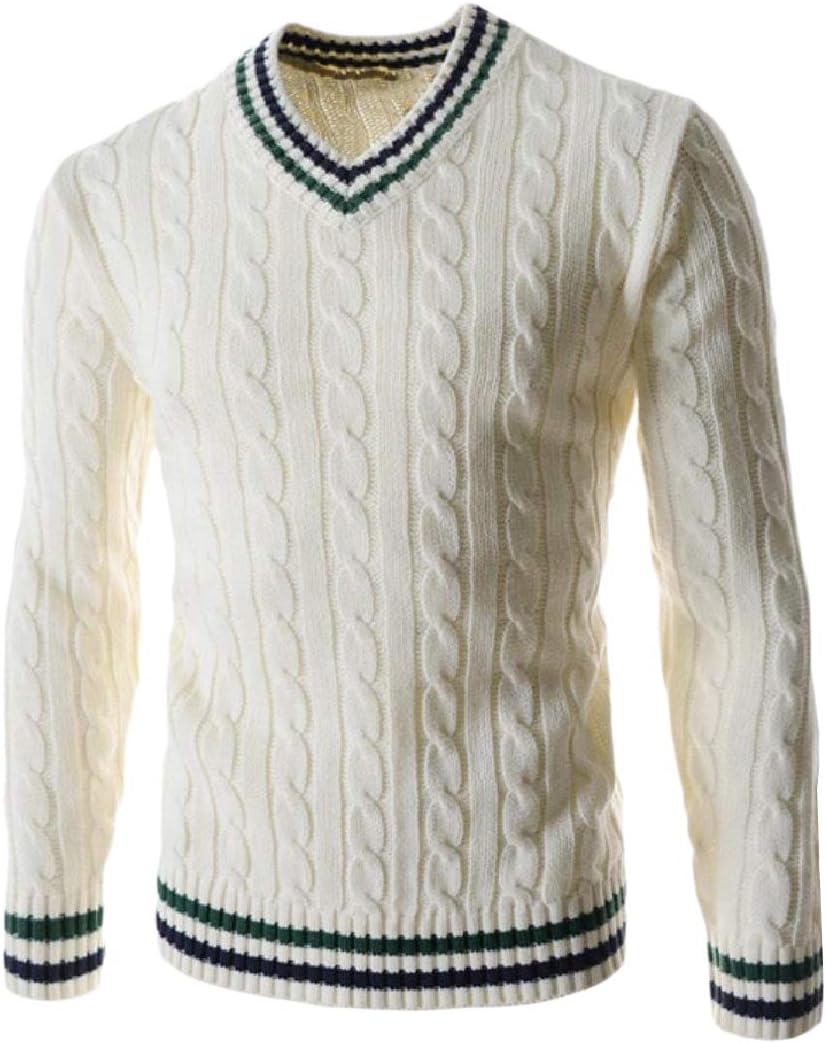 Abetteric Suéter masculino de tricô com gola V, Branco, Large Amazon