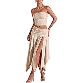 Floerns Women's 2 Piece Outfit Slit Asymmetrical Hem Midi Skirt Ruched Strapless Tube Top Set