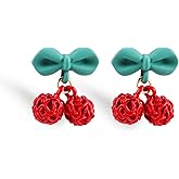 Cherry Fruit Earrings for Women, Cute Kawaii Creative Green Leaf 3D Red Dangle Clip On Drop Studs Cherry Earrings Accessories Charms Jewelry Summer Beach Golden