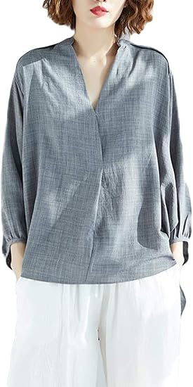 Amazon Zhongjue ジュージェン カットソー レディース 薄手 綿 Vネック シャツ 無地 ブラウス 長袖 涼しい カジュアル Tシャツ ディリー 夏 シャツ ブラウス 通販