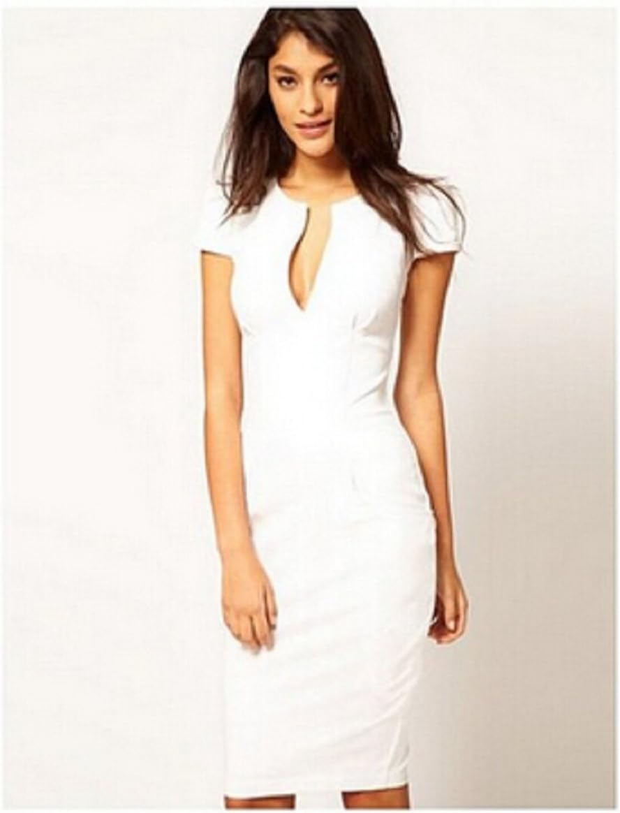 Womne's V-neck Fashion Celebrity Pencil Dress Women Wear to Work Slim Knee-length Pocket Party Bodycon Dress Xs-xxl (M, White)